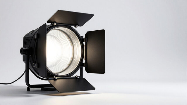 Bright theatrical spotlight illuminating a dark stage with shutters open