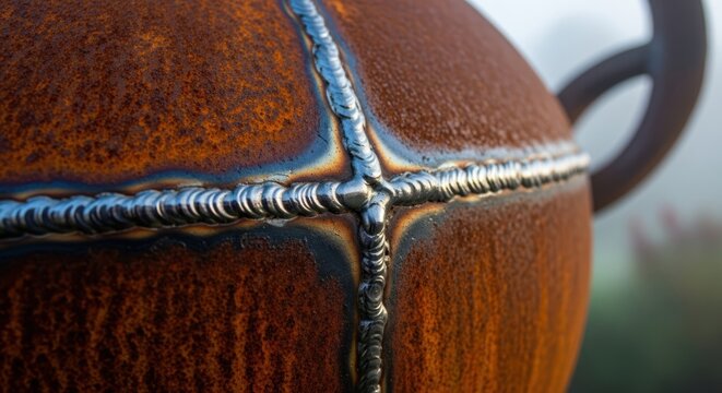 Close-up of metal sphere with welding and rusty texture.
