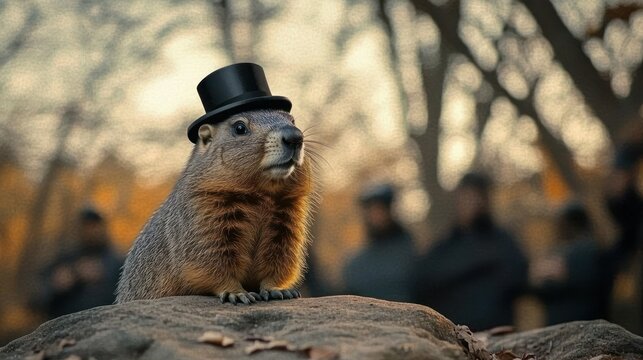 curious groundhog wearing a small black top hat perched on a rock in an autumn park, dignified and whimsical expression with warm bokeh trees and blurred onlookers behind