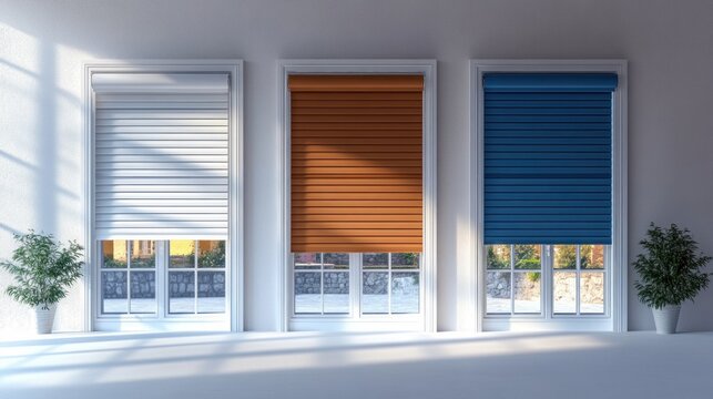 Sunlit minimalist interior with three tall windows, white, orange and blue roller blinds, potted plants, soft shadows and a calm serene atmosphere