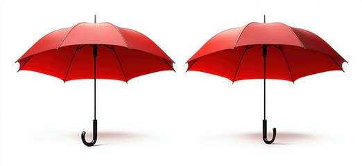Obraz premium Two red open umbrellas with black curved handles casting soft shadows on a clean white background, evoking protection and optimism