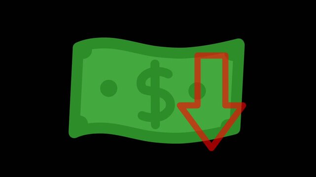 dollar banknotes and red arrow pointing down animation of the concept of the value of the dollar falling