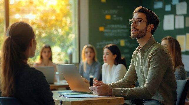 Young man speaking in a small classroom group discussion with attentive peers, laptops and notebooks on the table, warm sunlight through window and green bulletin board