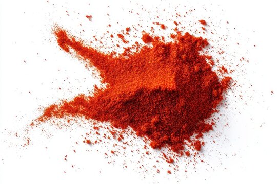 vibrant heap of red chili powder with scattered granules on white background, fiery and energetic