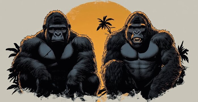 Two powerful muscular gorillas sitting side by side before a large orange sun with palm silhouettes, bold stylized illustration conveying strength and calm