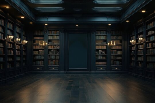 Empty dark wood library with tall bookshelves, candle wall sconces, coffered skylit ceiling and polished wooden floor, quiet moody and contemplative atmosphere
