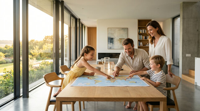 Family unit gathered around dining table where father traces a printed world map data overlay, summer solstice evening light streaming low through window, children pointing at clustered markers acro