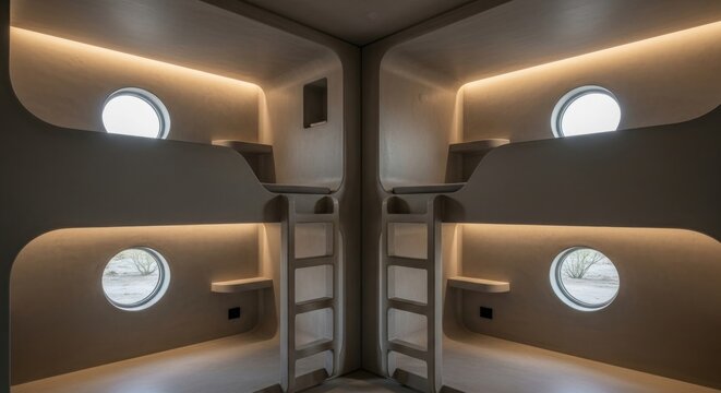 A minimalist bunk bed room features a round window.