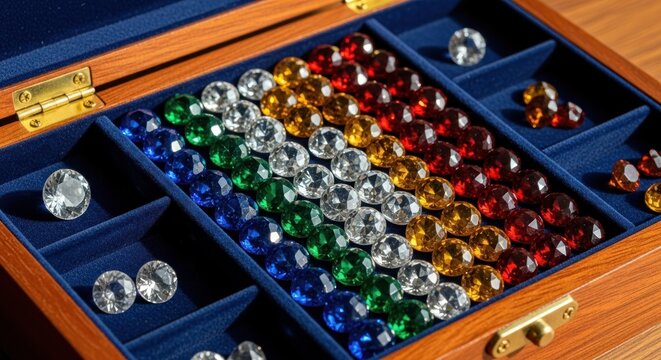 A collection of colorful gems is displayed in a velvet-lined jewelry box.