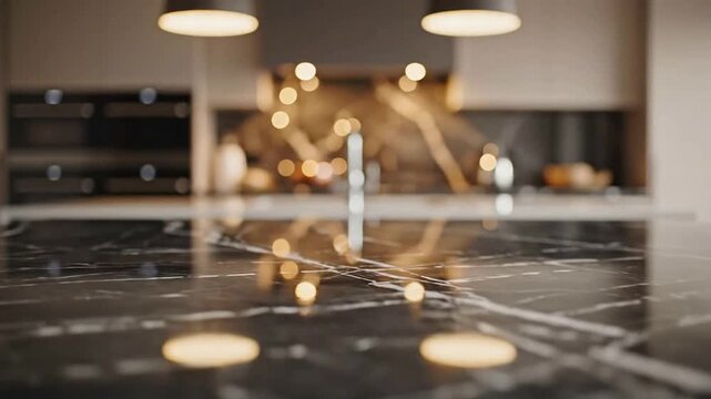 Luxury Modern Kitchen Island Countertop with Marble Finish & Ambient Lighting - 4K