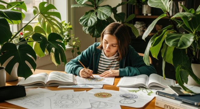 A young student works on a science project at home.