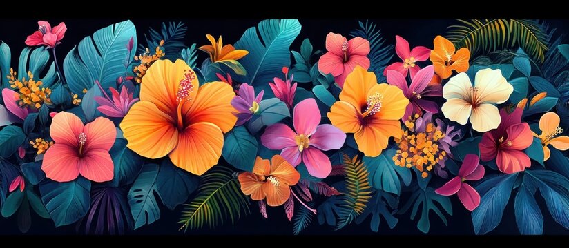 vibrant tropical hibiscus and exotic blossoms with lush teal leaves on dark background, joyful colorful summer floral arrangement