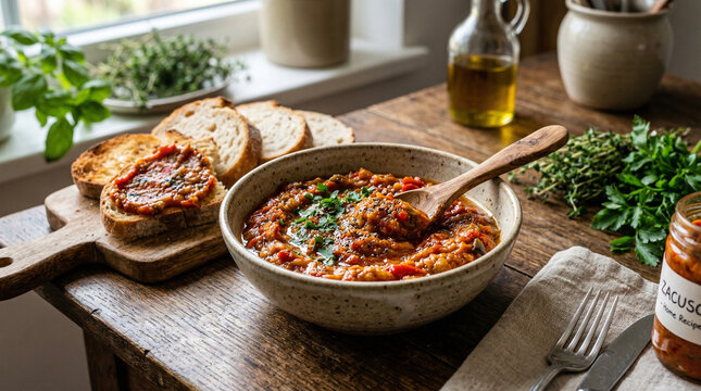 vegetable eggplant pepper spread in bowl