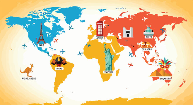 A colorful world map with famous landmarks