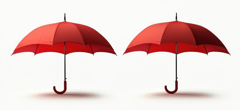 Two red open umbrellas with curved handles floating above a white background casting soft shadows, evoking protection, symmetry, and companionship