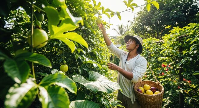 Farmer harvesting ripe passion fruit from a lush vine.