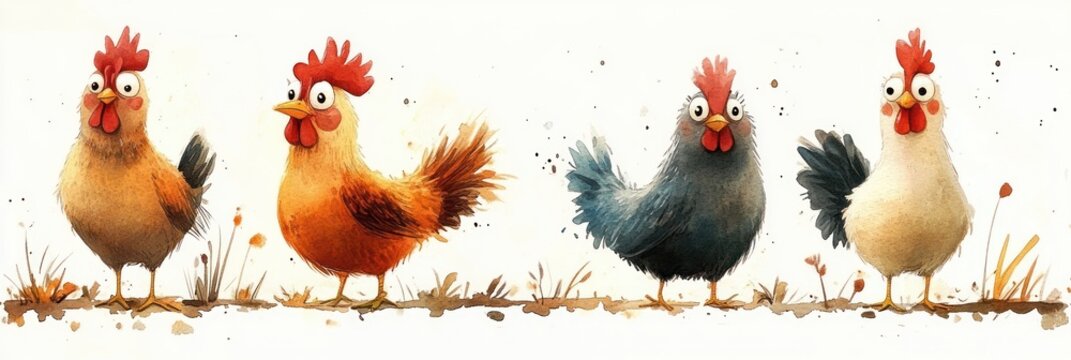 Four expressive watercolor hens standing in a row on grassy ground with scattered paint splatters, quirky surprised faces and ruffled feathers, playful lighthearted mood