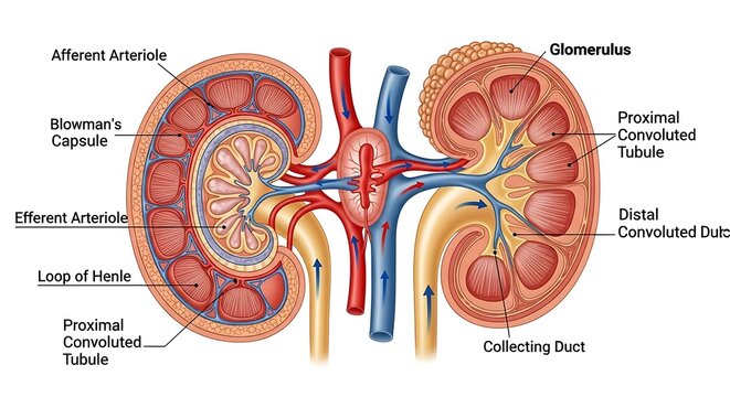 Human kidney anatomy diagram detailing the nephron, glomerulus, and renal tubules for blood filtration and urine production