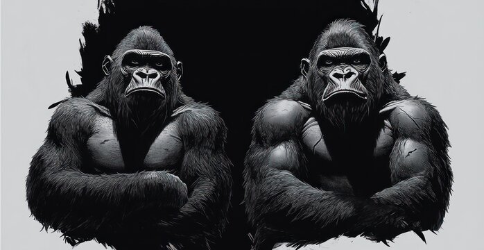 two powerful monochrome gorillas standing side by side with crossed arms, stoic intense expressions, muscular torsos and dramatic shadow conveying dominance and tension