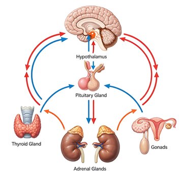 Human Endocrine System Diagram showing Hypothalamus, Pituitary, Thyroid, Adrenal Glands and Gonads with Hormone Feedback Loops