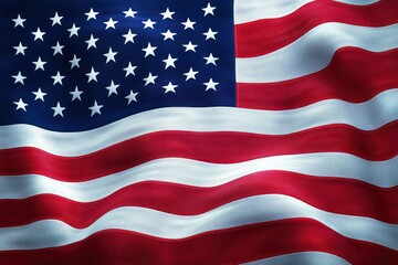 Fototapeta premium Waving American flag with fifty white stars and red and white stripes on textured fabric, rippling in light and shadow, evoking patriotism and pride
