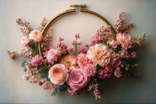 romantic pastel floral hoop wreath of pink roses, peonies and ranunculus with filler blossoms and greenery on a soft pale wall