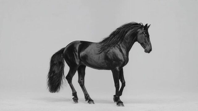 Majestic black horse in motion, captured in striking monochrome studio photography. A powerful black horse displays its grace and strength through dynamic poses