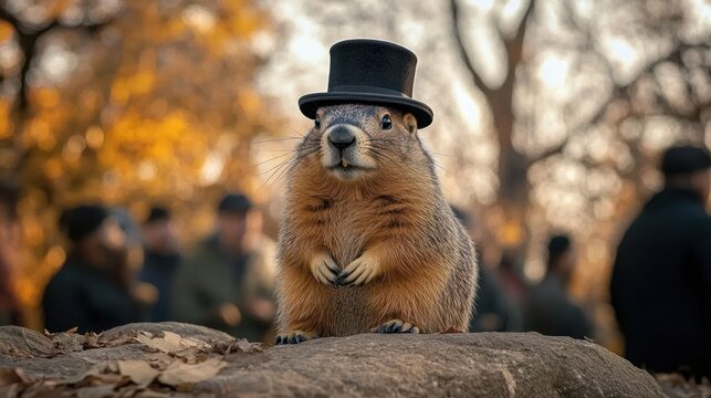 whimsical ground squirrel in a tiny black top hat perched on a rock amid autumn leaves with warm golden light and a curious, dignified expression