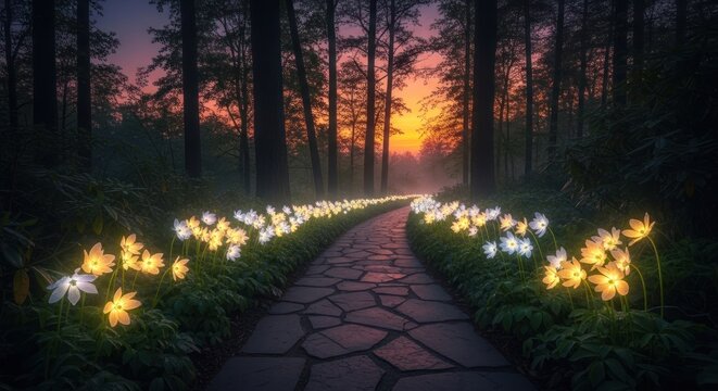 A magical forest path lined with glowing flowers at sunset.