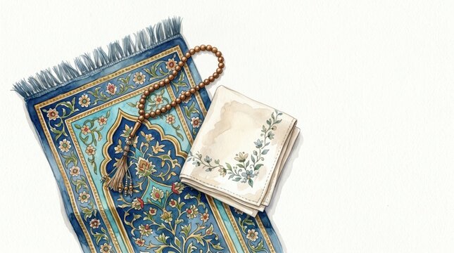 A blue prayer rug, brown prayer beads, and a floral handkerchief are arranged on a white surface