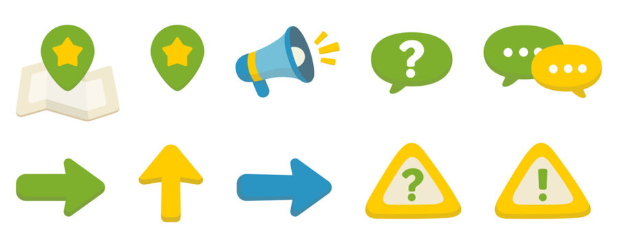 Information and announcement vector icons set with megaphone map pin and speech bubbles