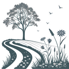 Obraz premium Floral landscape with winding path tree and birds vector illustration