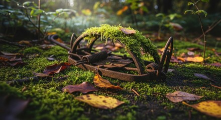 Obraz premium Old rusty animal trap covered in moss and fallen leaves in a forest.