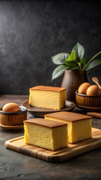A realistic photo of Traditional Taiwanese castella cake on a grey background table with ingredients