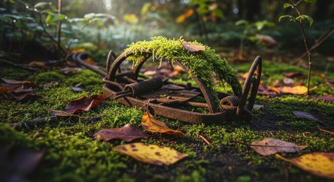 Old rusty animal trap covered in moss and fallen leaves in a forest.