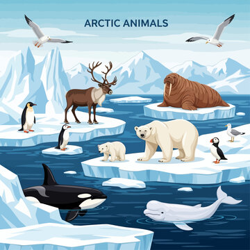 Arctic animals like polar bears, walruses, and reindeer inhabit icy landscapes.