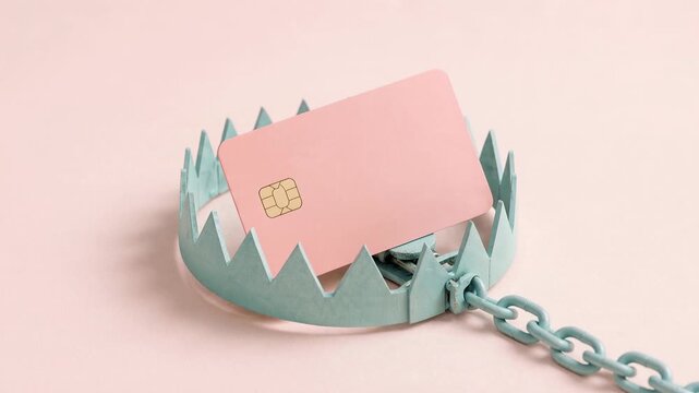 Credit card trapped in a bear trap symbolizing financial risk and debt. A conceptual representation of financial danger, where a credit card is caught in a bear trap