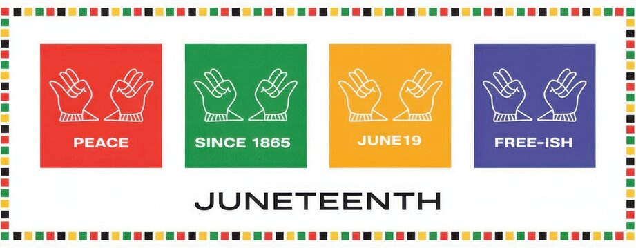 Juneteenth celebration graphic with colorful squares and hand signs on white background