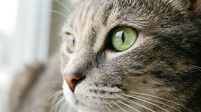A close-up portrait of a cat with striking green eyes. The cat is looking outside. Its fur is a mix of gray and brown tones, adding to its charm