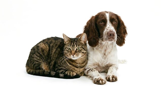 A friendly cat and a dog are sitting side by side, looking directly at the camera. The dog has brown and white fur, while the cat has tabby stripes. They both seem very relaxed. 
