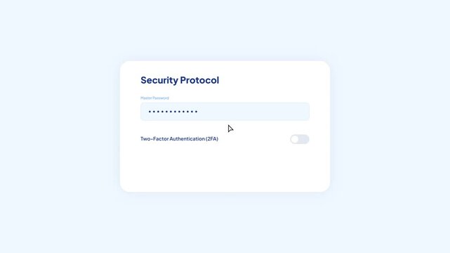 Security protocol login panel with master password field and toggle for two-factor authentication verification