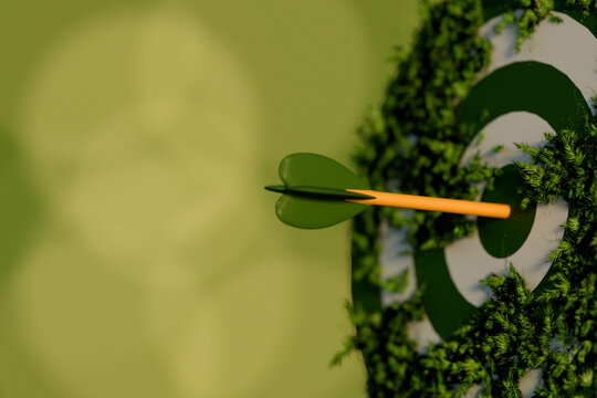 Hitting Sustainability Targets: Dart in the Center of a Green Foliage Bullseye, 3d Rendering