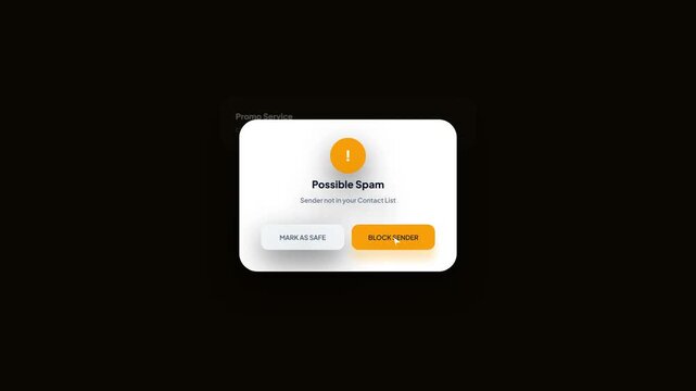 Warning notification for potential spam from sender not in contact list with block option