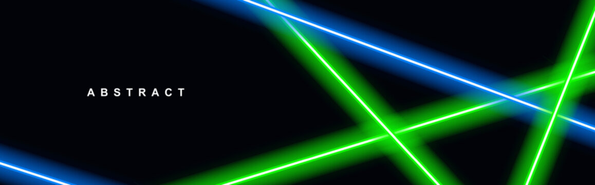 Abstract Neon Glowing Lines Background on Black with Blue and Green Light Rays, Futuristic Cyber Tech Backdrop for Digital Presentation and Modern Electronic Design Header
