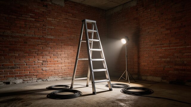 A well-lit workspace with a ladder and cables, ideal for property management and construction projects, showcasing a safe and efficient work environment.