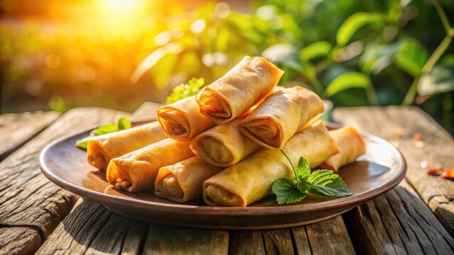 A realistic photo of a plate of fried spring rolls
