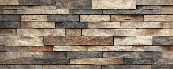 Fototapeta premium textured horizontal stacked stone wall of rectangular slabs in warm earth tones evoking rustic calm and natural warmth