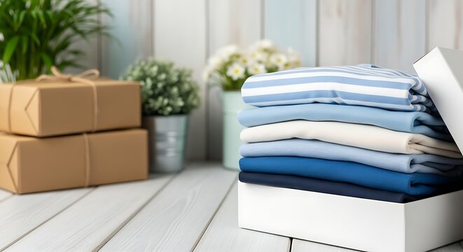 Stack of folded clothes in a white box with cardboard boxes on a wooden floor