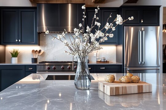 Modern kitchen with marble island, glass vase of white blossom branches and wooden cutting board with fresh rolls, stainless steel appliances and warm inviting serene mood
