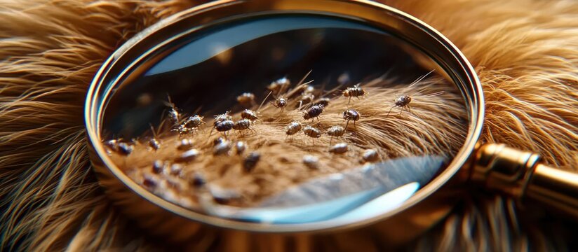 magnifying glass revealing tiny parasites crawling on golden animal fur, unsettling close-up examination